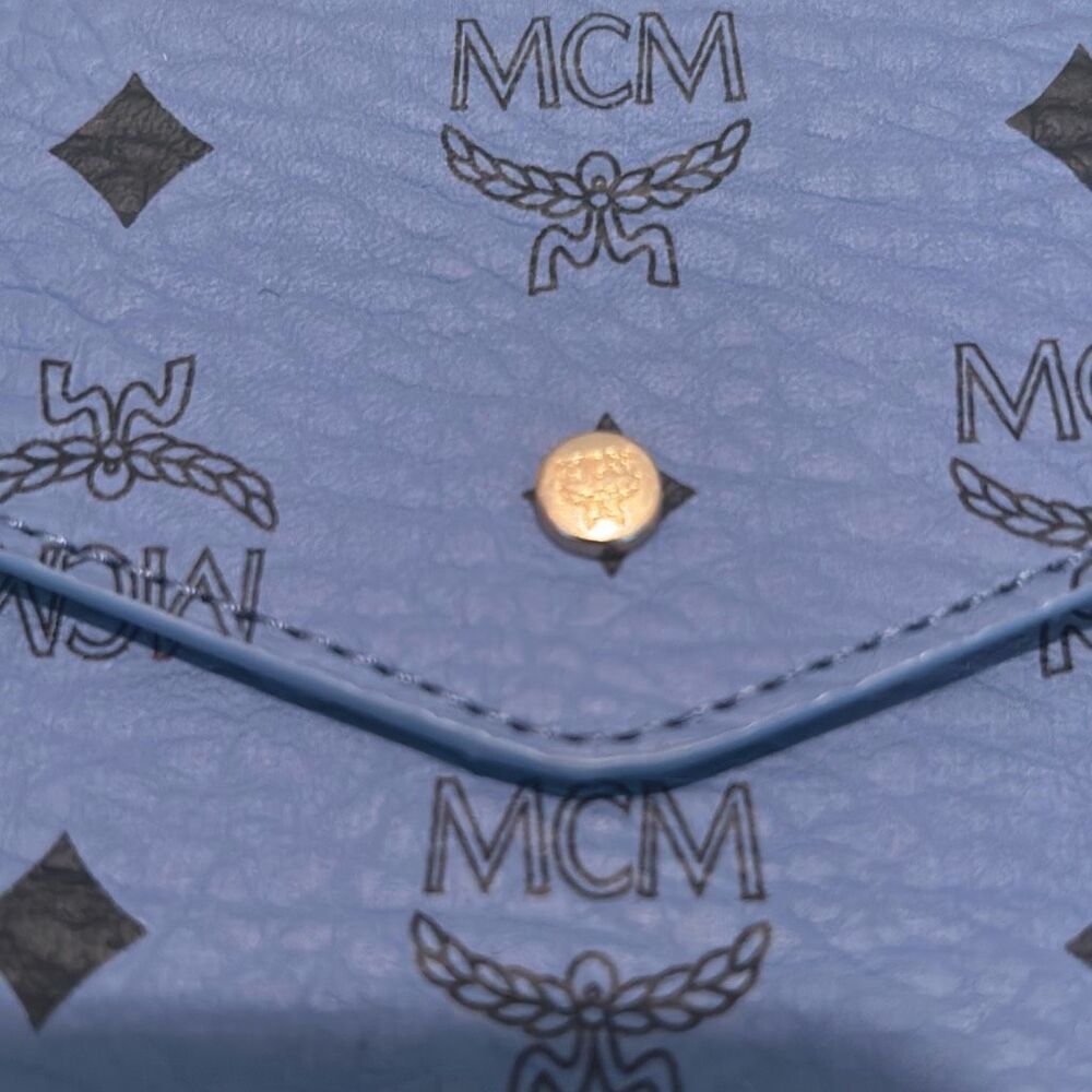 MCM Foldover Flap Envelope Clutch Blue Black Logo Monogram Print Pouch Bag NEW - Picture 5 of 8